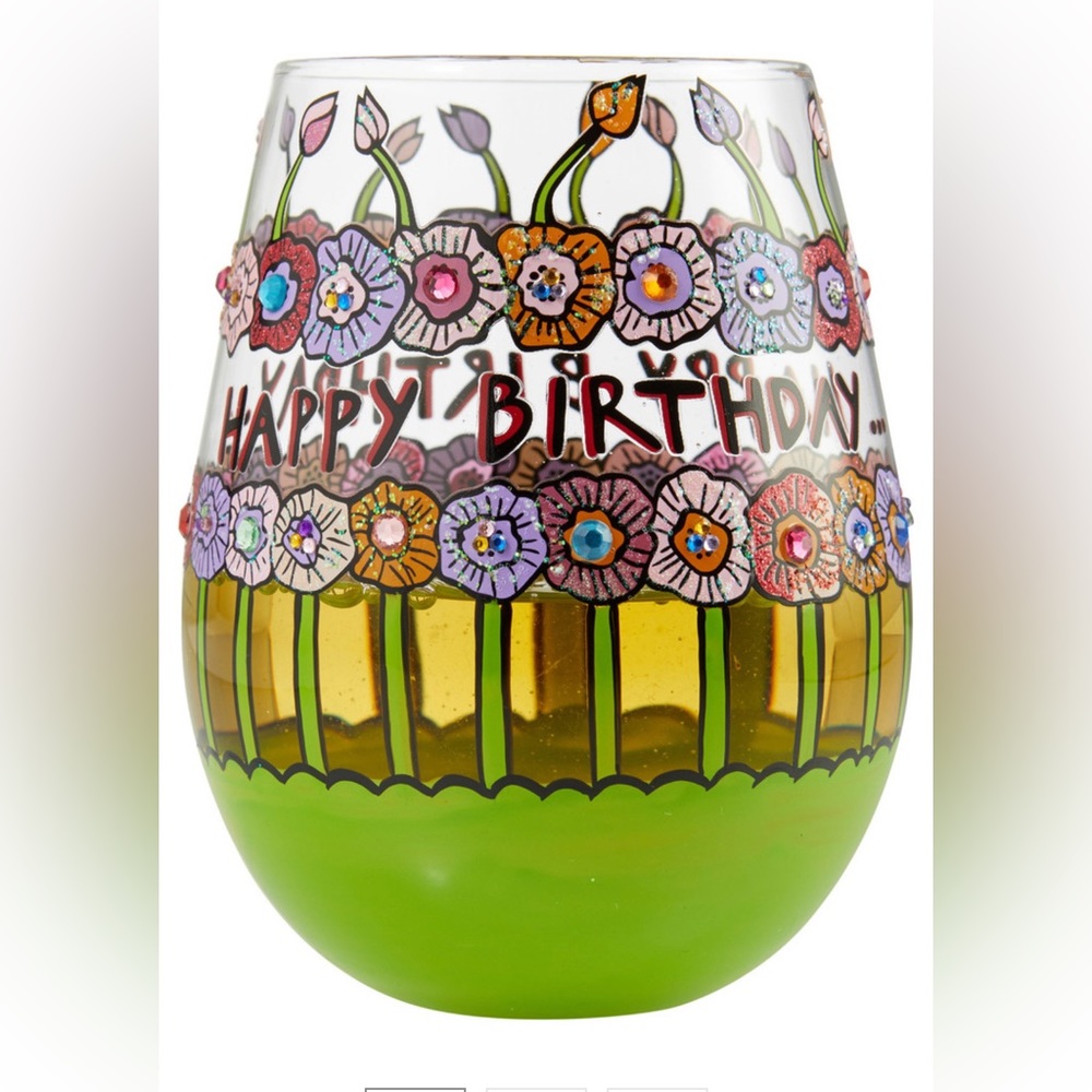 "Birthday Flowers" Stemless Wine Glass by Lolita